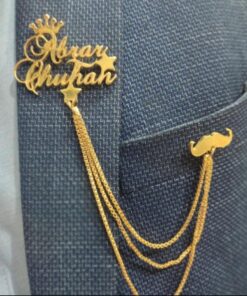 Customize Name With Crown With Stone/Chain Design - 24K Gold Plated Coat Pin, Lapel Pin, Shabnam Work Broch , Name Brooch Gift Set For Men Gift Item - New Arrival